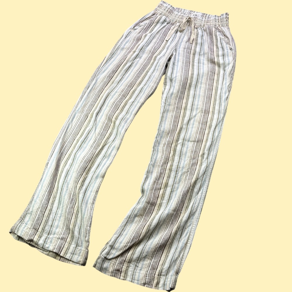 Full‎ Tilt Striped Pants Women M Tan Linen Blend Smocked Waist Coastal Boho Chic